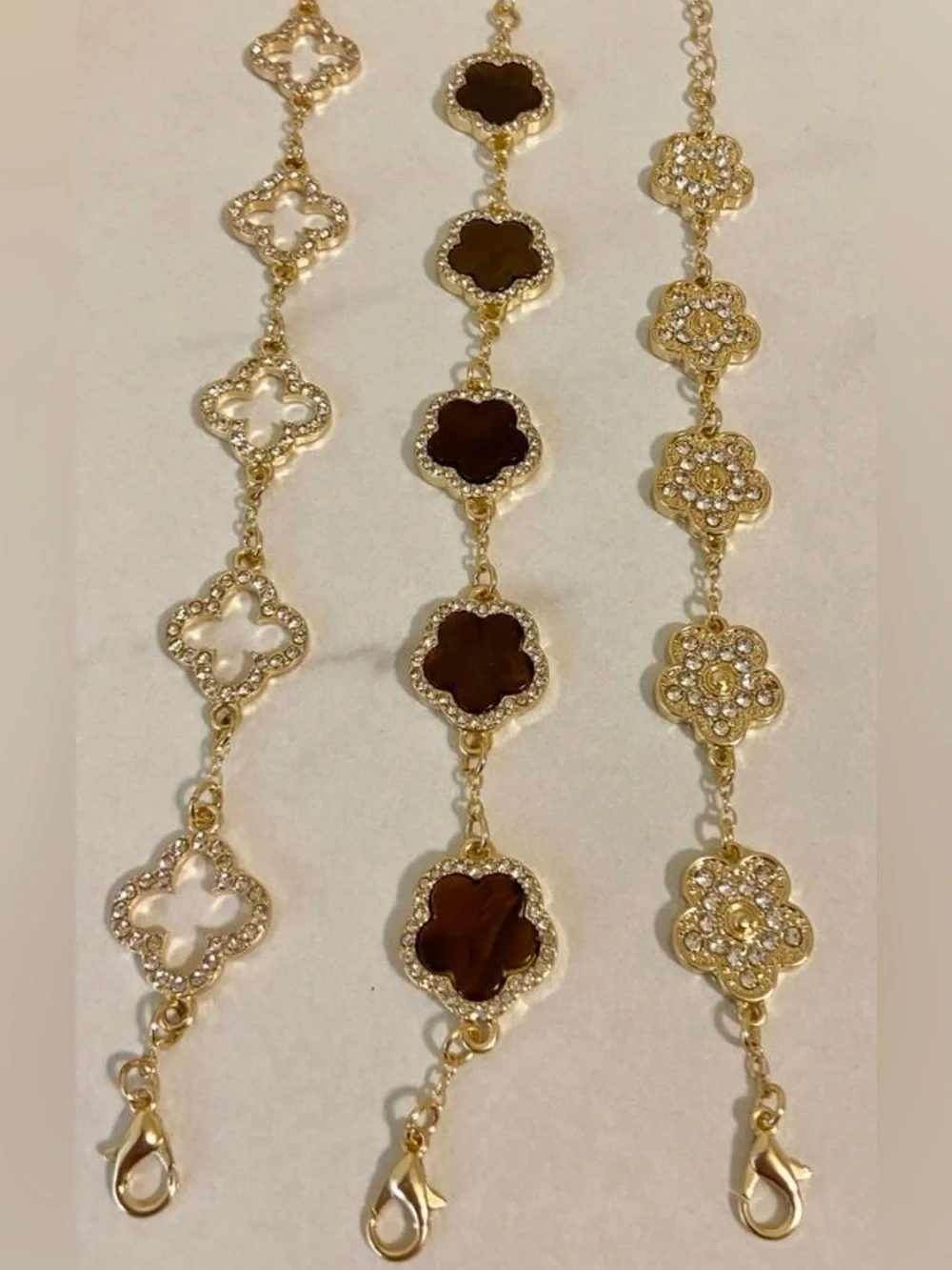 3 Piece Set Luxurious High End Gold Clover Link Bracelet with Rhinestone Accents